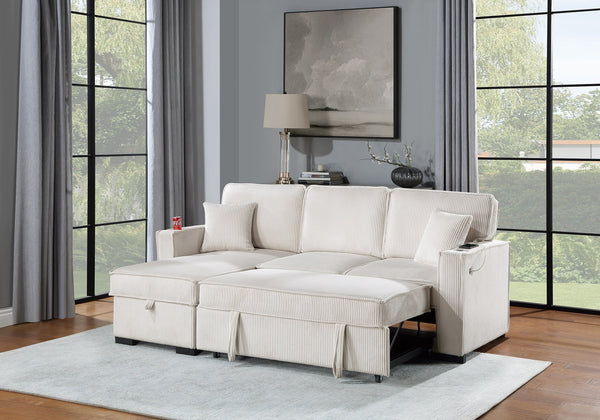 English Elm Convertible Corduroy Sectional Sofa with Reversible Chaise, Hidden Storage, USB Port & Pull-Out Bed Beige 60 L x 30 W x 19 H B011S01244