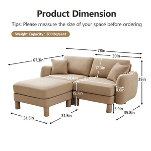 English Elm Boucle 2-Seater Sectional Loveseat Sofa With Shell Armrests & Removable Ottoman For Modern Living W3041S00283