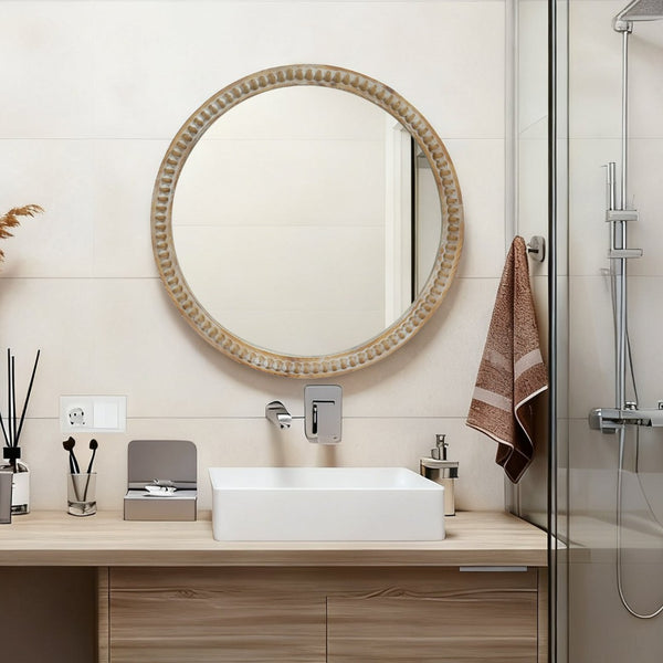 English Elm Round Decorative Wall Mirror - 23.62" Beaded Frame For Farmhouse Charm In Living Room, Entryway & Bath W2295P389104-GIGA