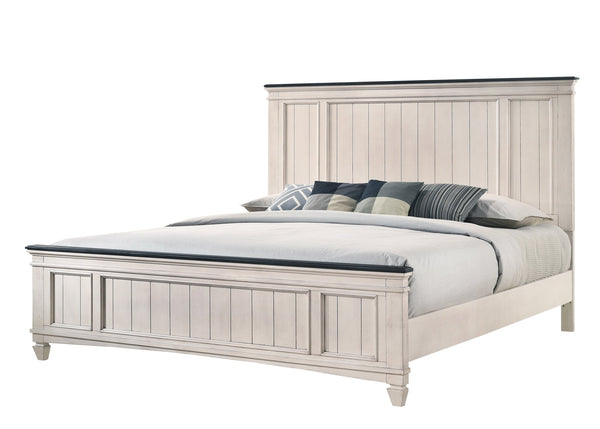 English Elm 1pc Rustic Industrial Queen Panel Bed with Cutout Headboard and Bench-Style Footboard, Solid Wood Finish Beige+Brown 85 L x 40.25 W x 6.15 H B011S01347