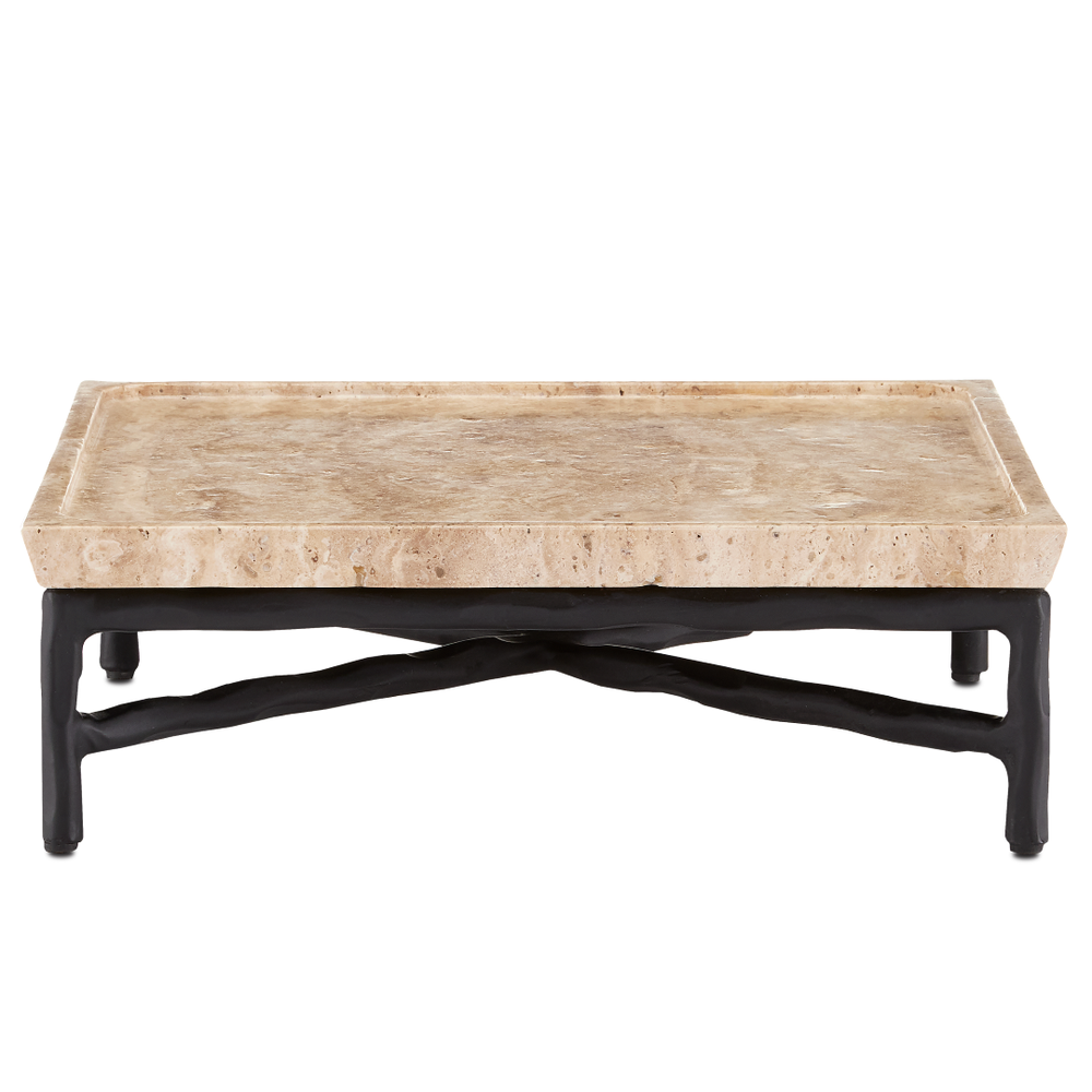 Boyles Travertine Tray with Unique Pitting and Forged Iron Base - Modern Natural Home Accent