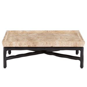 Boyles Travertine Tray with Unique Pitting and Forged Iron Base - Modern Natural Home Accent