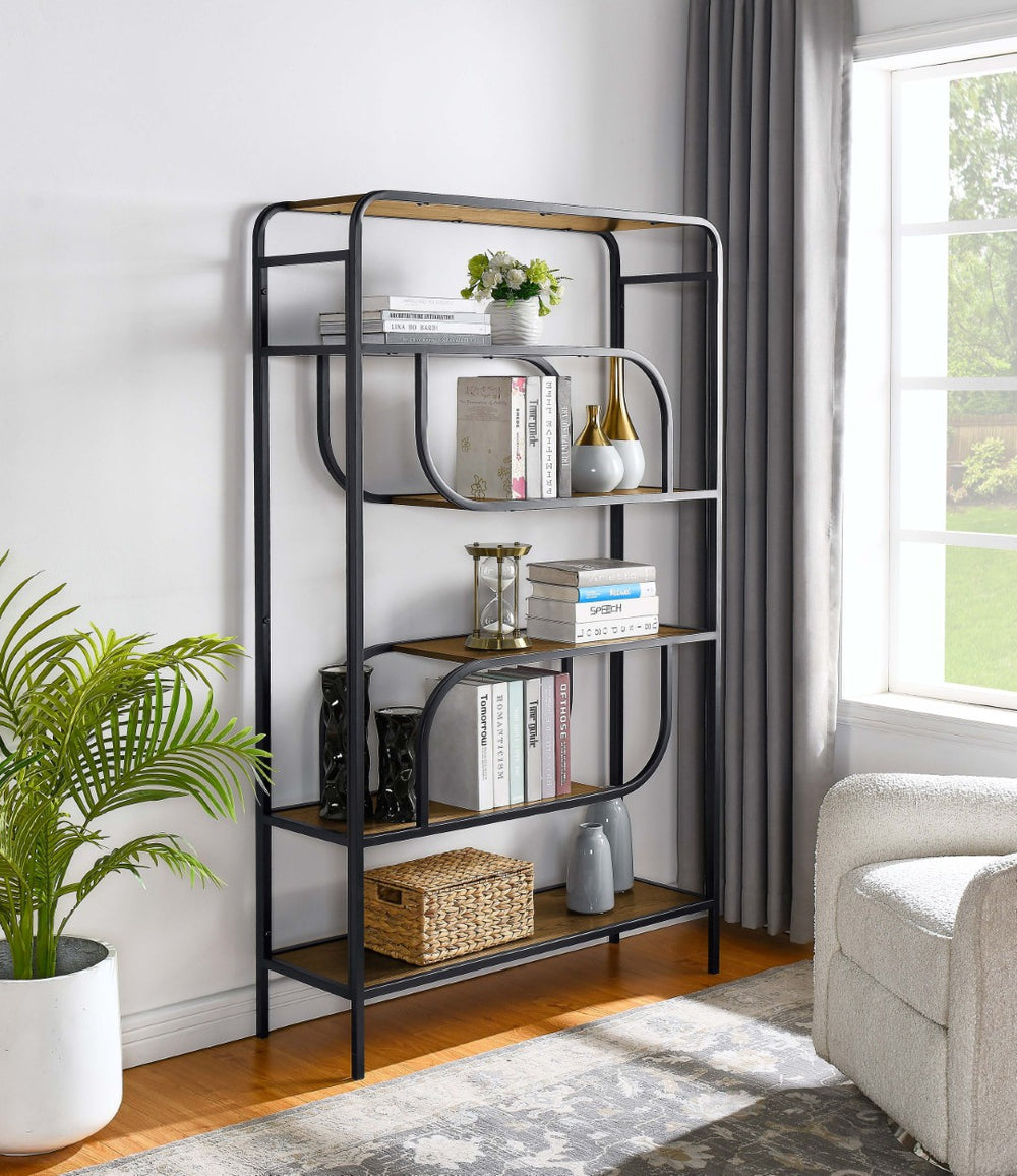 English Elm Geometric Metal Frame Bookcase Five Shelf Open Display Unit for Living Room Office B2748P452556