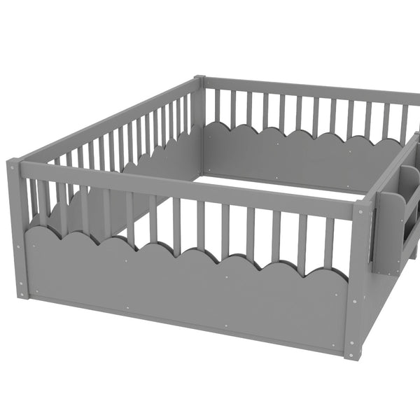 English Elm Twin Low Profile Kids Floor Bed Pine Wood Frame with Safety Rail and Built in Bookshelf Gray W1580P373140