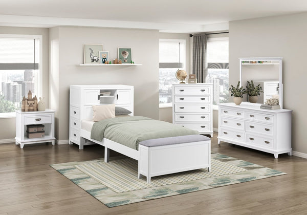 English Elm Gray Twin Platform Bed with Bookcase Headboard Hidden Desk Stool and Footboard Bench White B011S02324