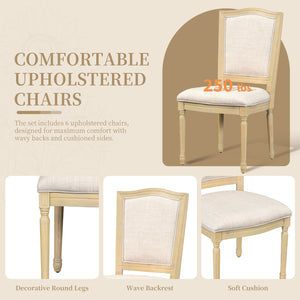 English Elm TOPMAX Rustic 7-Piece Solid Wood Extendable Dining Set with 18" Removable Leaf, 6 Upholstered Chairs, 2 Drawers Natural SP000078AAN