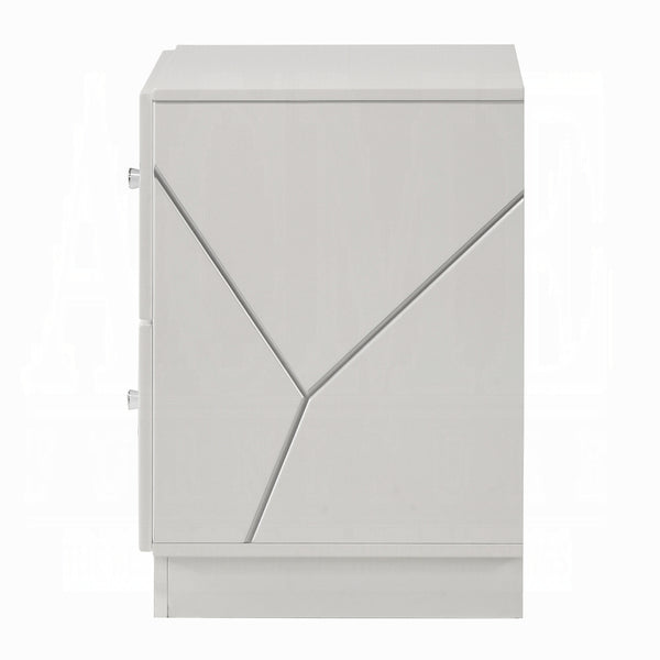 English Elm Ultra White High-Gloss Nightstand with 2 Soft-Glide Drawers, Embossed Lines & Silver Knobs, 23"W x23"H B2741P408964