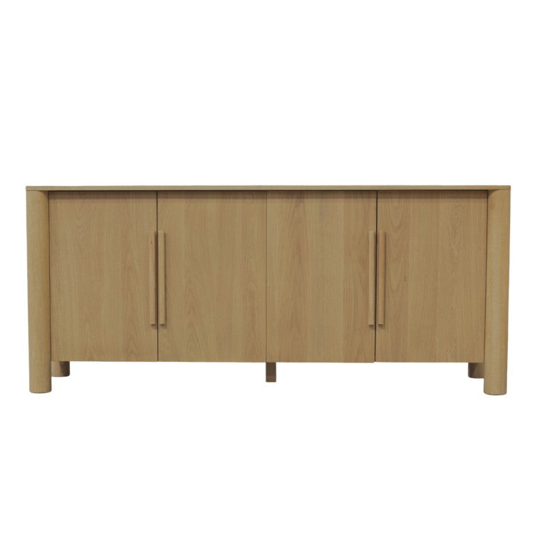 Alpine Furniture Hudson Light Oak Sideboard With Adjustable Shelves, Four-Door Storage, Rounded Edges, Fully Assembled 8440-06