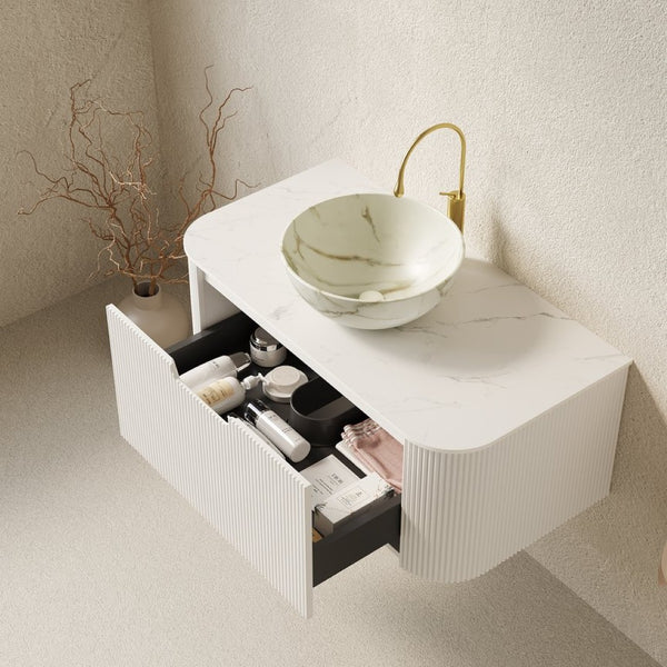 English Elm Dina Floating Bathroom Vanity Sintered Stone Top Glass Basin Striped Plywood Cabinet W2615S00719