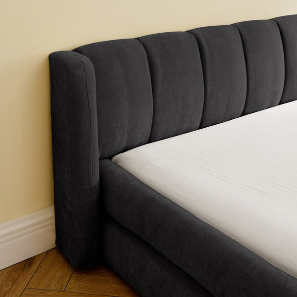 English Elm King Platform Bed Full Chenille Upholstery Low Profile Frame for Modern Bedroom Dark Gray W487S00434