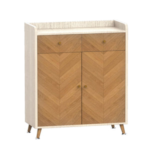 English Elm Shoe Cabinet 4-Tier with 2 Drawers and Doors, Herringbone MDF Top, Adjustable Shelves for Entryway Oak W3383P361253