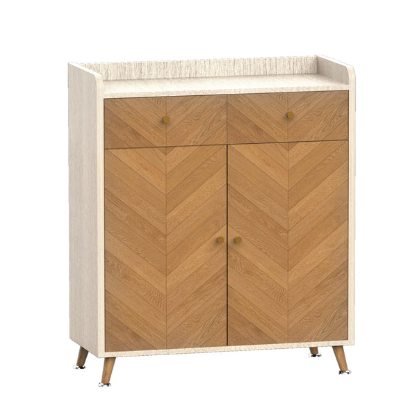English Elm Shoe Cabinet 4-Tier with 2 Drawers and Doors, Herringbone MDF Top, Adjustable Shelves for Entryway Oak W3383P361253