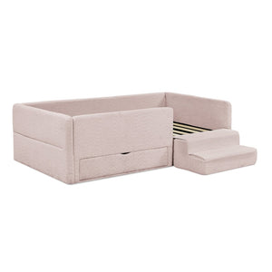 English Elm Twin Boucle Upholstered Kids Bed with Guardrails Built in Storage and Cushioned Step Stool Pink W1413P433365