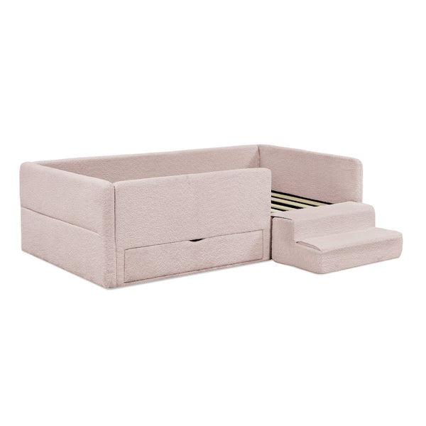 English Elm Twin Boucle Upholstered Kids Bed with Guardrails Built in Storage and Cushioned Step Stool Pink W1413P433365