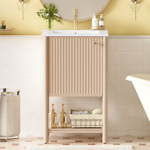 English Elm 20-inch French Style Bathroom Vanity with Integrated Ceramic Sink, Carved Accents & Soft-Close Door Cream White N710P330975Y