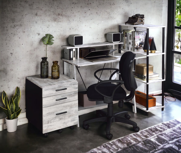 English Elm Nypho Antique White Writing Desk with Black Accents, USB & Plug Ports, Ladder Metal Base, Storage B2726P243689