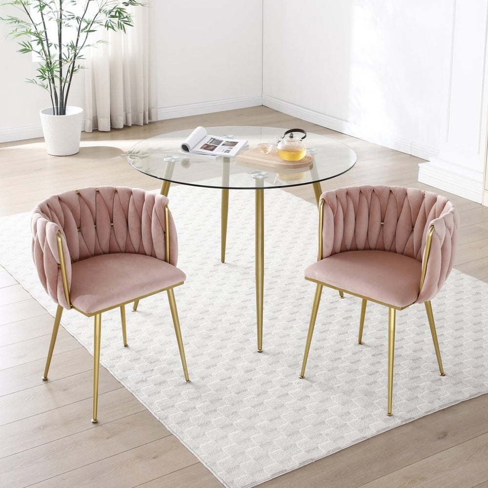 English Elm Modern Velvet Upholstered Dining Chairs Woven Back Gold Legs Set of Two W1117P440621