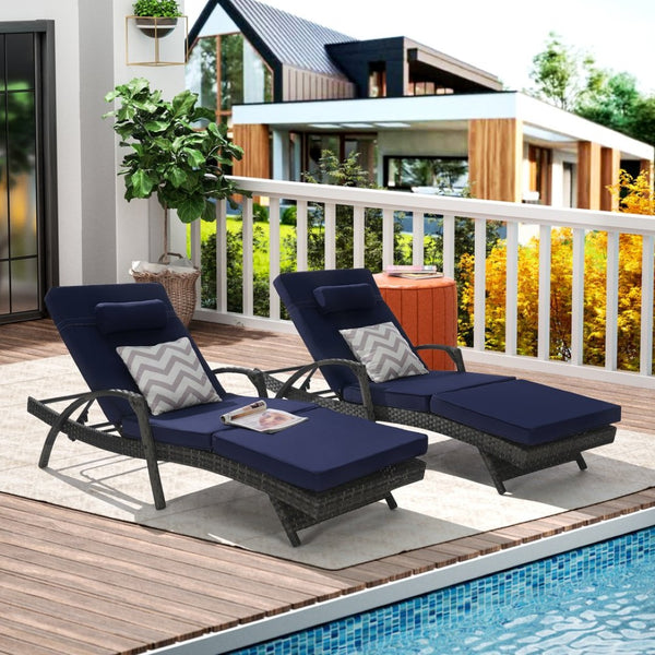 English Elm Outdoor Wicker Reclining Lounge Chair Set Of 2, Adjustable Cushions For Poolside Relaxation & Comfort W874P264731-GIGA