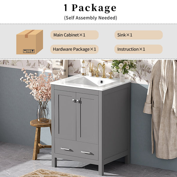 English Elm 24-inch Modern Bathroom Vanity with Ceramic Sink, Soft-Close Doors, Drawer Divider & Ample Storage Gray N729P299440E