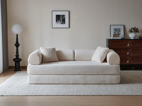 English Elm 78.8" Corduroy Modular Floor Sofa Convertible Sleeper Futon with Pillow Back Support Off White W5617P458132