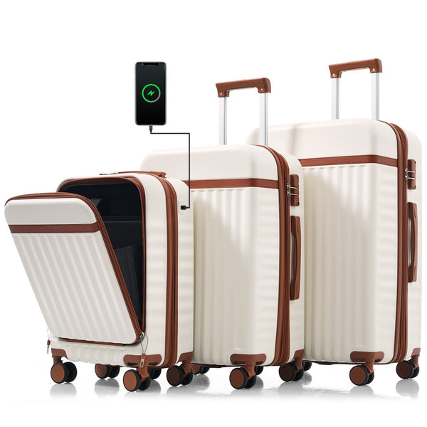English Elm Luggage 3 Piece Abs Hard Shell Set with Usb Port Front Access and Spinner Wheels White N726P307555O