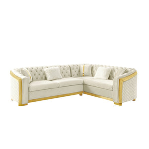 English Elm 106 Inch Velvet Tufted Chesterfield Sectional with Gold Steel Legs for Large Living Rooms Beige W1191S00128