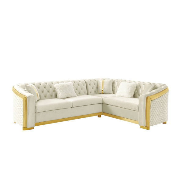 English Elm 106 Inch Velvet Tufted Chesterfield Sectional with Gold Steel Legs for Large Living Rooms Beige W1191S00128