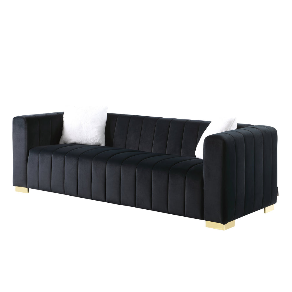 English Elm A Modern Channel Sofa - Luxurious Black Velvet Chesterfield 3-Seater For Stylish Living Spaces W1099S00128