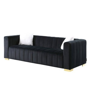 English Elm A Modern Channel Sofa - Luxurious Black Velvet Chesterfield 3-Seater For Stylish Living Spaces W1099S00128
