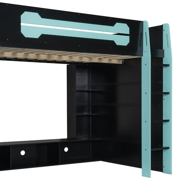 English Elm Full Size Wood Loft Bed with Rgb Lighting Desk Storage and Gaming Console Shelf Blue LT000260AAC
