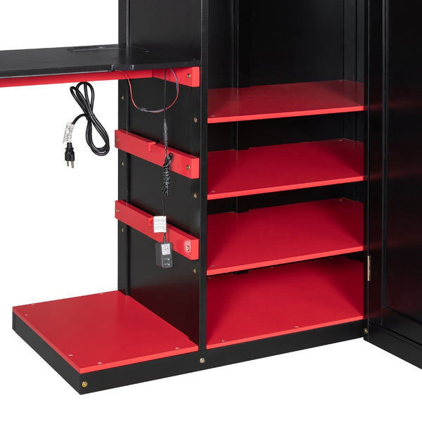 English Elm Full Size Loft Bed with Rgb Lighting Usb Charging Desk Wardrobe and Storage Shelves Red LT000387AAJ