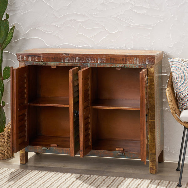 English Elm Christopher Knight Home® - Wd. Recycled Cabinet - Handcrafted Mango Wood Slatted Boho Storage Cabinet with Distressed Finish, Crescent Handles 66629.00