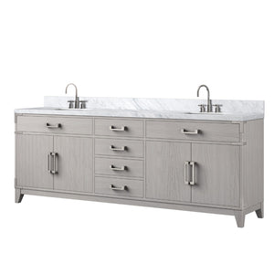 English Elm White Oak Double Bath Vanity 84" W With Carrara Marble Top, Chrome Faucet Set & Ample Storage Solutions B2731P259987-GIGA