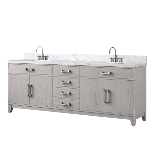 English Elm White Oak Double Bath Vanity 84" W With Carrara Marble Top, Chrome Faucet Set & Ample Storage Solutions B2731P259987-GIGA