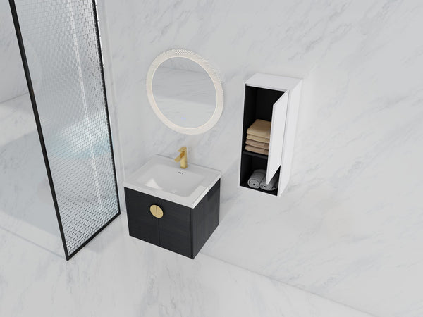 English Elm 24" Wall-Mounted Bathroom Vanity With Ceramic Sink & Side Cabinet - Soft Close Doors, Stylish Storage W999S00328