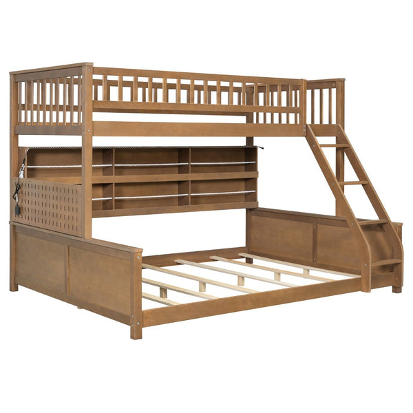 English Elm Twin Xl Over Queen Bunk Bed with Led Lighting Shelving and Pegboard Pinewood Frame Brown LT000280AAP