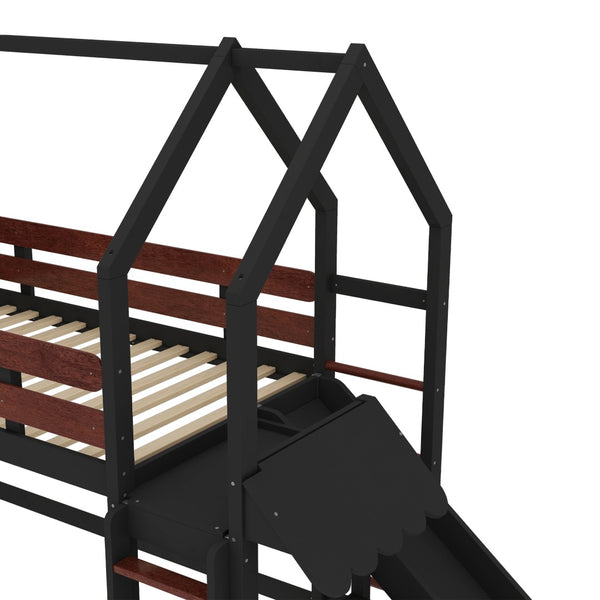 English Elm Full Size Pine Loft Bed House Frame with Slide Bookshelves and Moon Star Rails W1580S00311