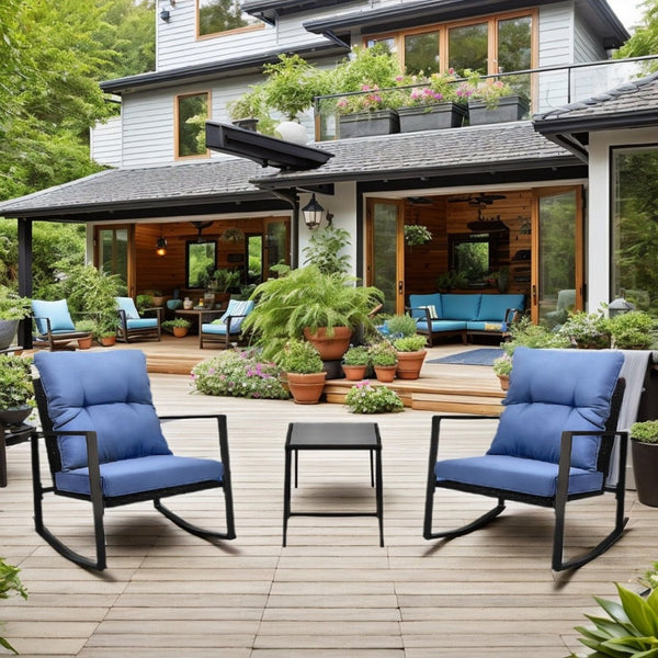 English Elm 3 Piece Outdoor Rocking Bistro Set Pe Wicker Steel Frame with Weather Resistant Cushions W2071P201034