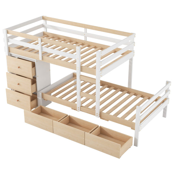 English Elm Twin Loft Bunk Bed with Built-In Drawers and Ladder, Space-Saving Twin over Twin Pine MDF Design Natural GX000424AAN
