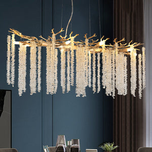 English Elm 39-inch Modern Golden Pendant Light with Cascading Crystal Strands, 8-G9 Sockets, Luxe Foyer & Dining Accent W1340P232979