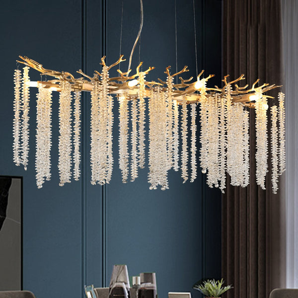 English Elm 39-inch Modern Golden Pendant Light with Cascading Crystal Strands, 8-G9 Sockets, Luxe Foyer & Dining Accent W1340P232979