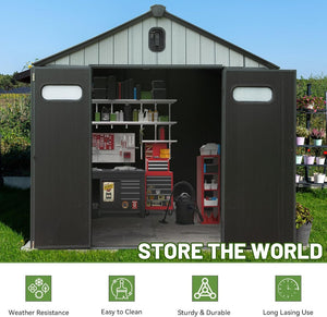 English Elm 8x12ft Outdoor Resin Shed Wood Grain Panels Lockable Weatherproof Backyard Storage W1859S00131
