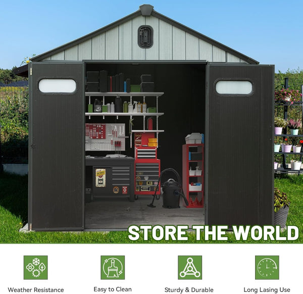 English Elm 8x12ft Outdoor Resin Shed Wood Grain Panels Lockable Weatherproof Backyard Storage W1859S00131