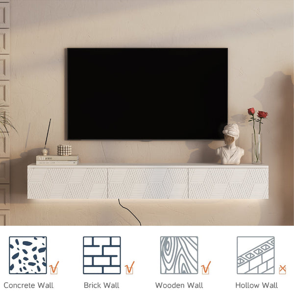 English Elm Floating LED TV Stand Wall Mounted with 16-Color Ambience, Modern Floating Cabinet with Ample Storage for 55–65" TVs White 72.24 L x 16.73 W x 5.12 H W1321P307882