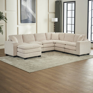English Elm Modern U Shaped 6-Seat Sectional Sofa with Ottoman and 3 Toss Pillows, Corduroy Modular Comfort and Durable Frame White W2363S00039