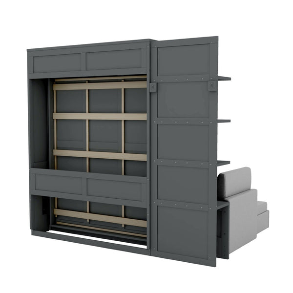 English Elm Queen Wall Bed with Linen Sofa and Open Shelving for Studio or Guest Room LP000592AAE-3