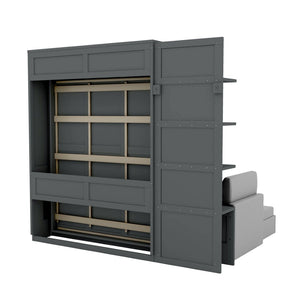 English Elm Queen Wall Bed with Linen Sofa and Open Shelving for Studio or Guest Room LP000592AAE-2