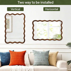 English Elm Black Walnut Solid Wood Wavy Frame Mirror Sculptural Bohemian Accent for Any Room W2203P455232