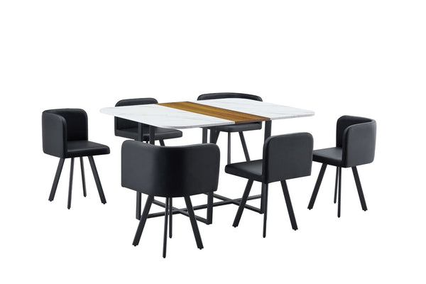 English Elm 7-piece Melamine Dining Set with Pu Cushioned Chairs and Iron Frame for Small Spaces W3875S00022