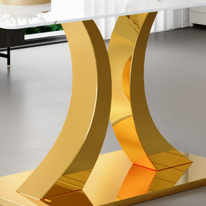 English Elm Marble-Patterned Foldable Dining Table Set With 6 Ergonomic Armchairs – Modern Gold Accents & Style W2920S00088